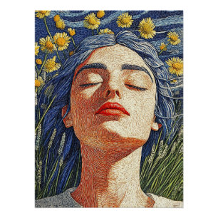 Póster Flores Amarelas de Cabelos Azuis Texturizadas