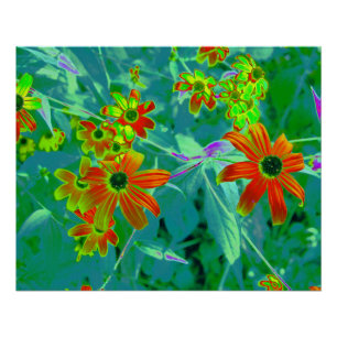 Póster Flores Amarelas e Vermelhas Trippy no Azul Retroat