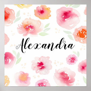 Poster Flores Aquarela Nome Meninas Quarto Infantil Berçá