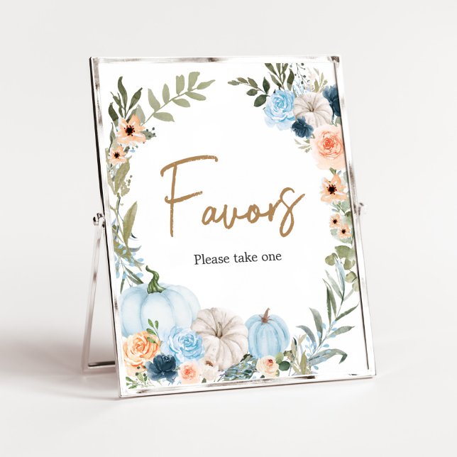 Poster Flores Azuis de Outono Favoritos de Chá de fraldas (Autumn Little Pumpkin Baby Shower Favors Sign)