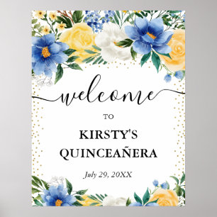 Poster Flores Azuis e Amarelas Boas-Vindas Quinceanera