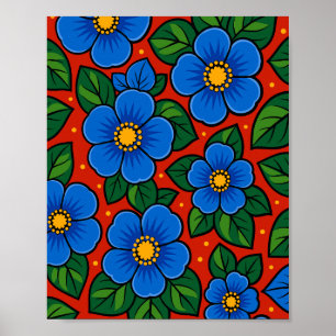 Poster Flores Azuis e Folhas Verdes em um Fundo Vermelho