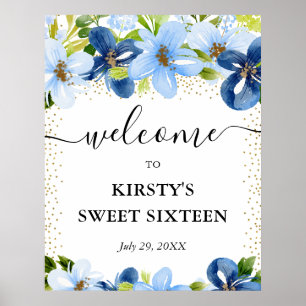 Poster Flores Azuis e Navy Sweet 16 Bem-Vindo