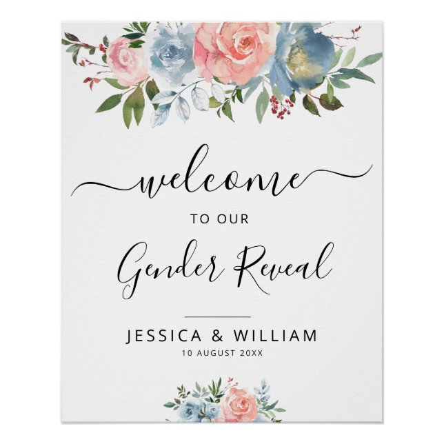 Póster flores azuis e negras gênero do bebê sinal de reve (Frente)