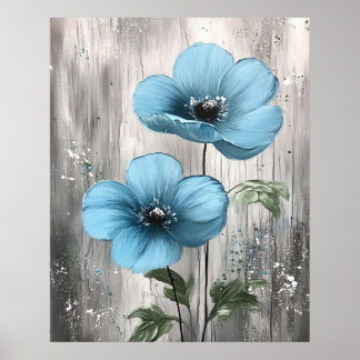 Poster Flores Azuis em Pintura de Madeira Cinza