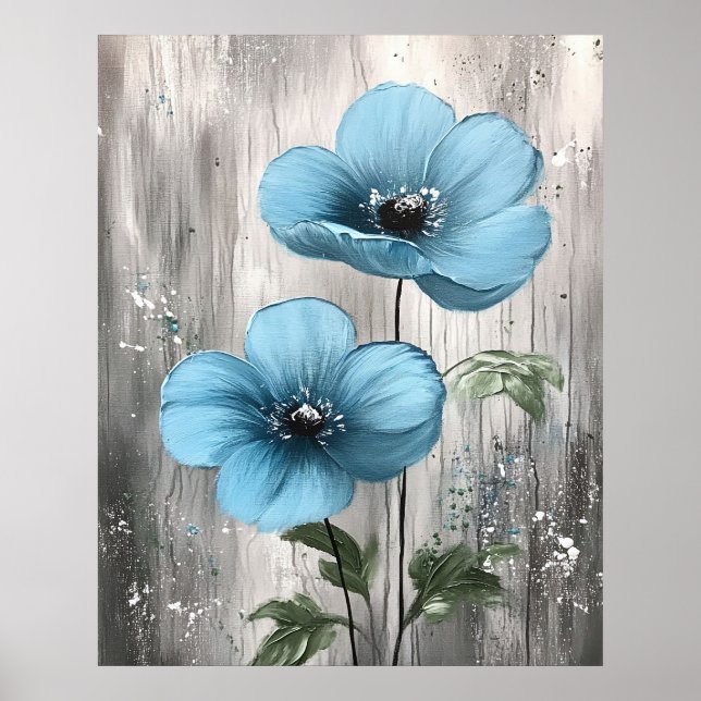 Poster Flores Azuis em Pintura de Madeira Cinza (Frente)