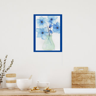 Poster Flores azuis em placas de nota de vaso