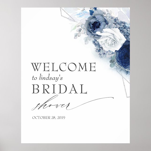 Poster Flores Azuis Empoeiradas Boda / Chá de Bebê Boas-V (Frente)