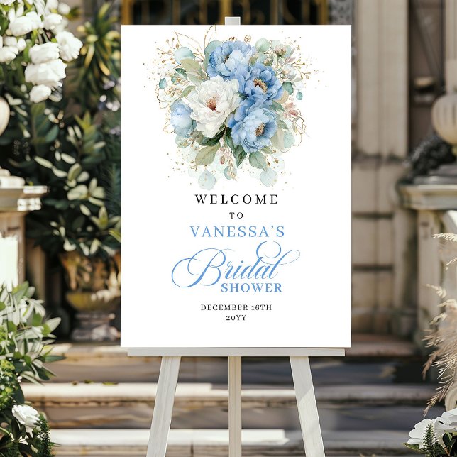 Poster Flores Azuis Empoeiradas Rústicas Chuveiro de Noiv (Rustic Dusty Blue Flowers Bridal Shower Welcome)