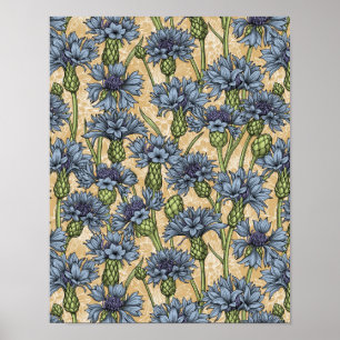 Poster Flores azuis, flores silvestres, amarelo-mel