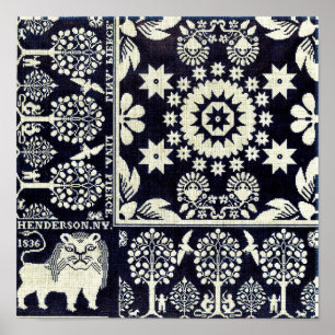 Poster flores azuis vintage, flores florais, tecido, arte