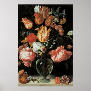 Póster Flores Barrocas Antigas, Tulipas e Rosas em Vaso