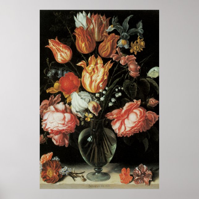 Póster Flores Barrocas Antigas, Tulipas e Rosas em Vaso (Frente)