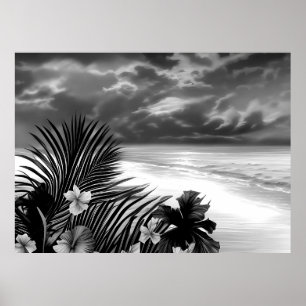 Poster Flores Black White Beach Ocean Palm Hibiscus