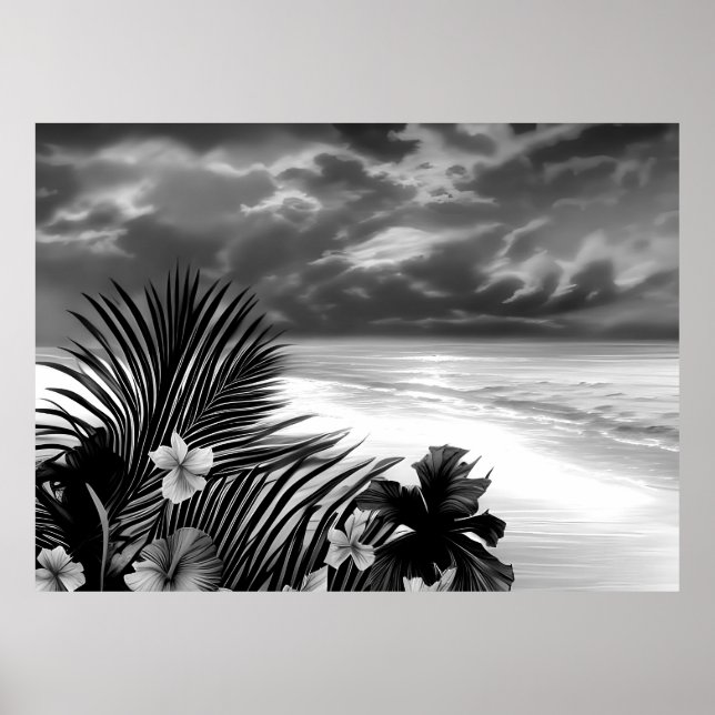 Poster Flores Black White Beach Ocean Palm Hibiscus (Frente)
