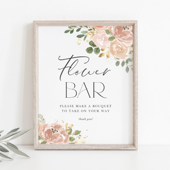 Poster Flores Boho Aquarela Rosa Bege Bar de Flores (Elegant Flower Bar Sign with Watercolor Mauve Peach Flowers and Faux Gold Foil Accents)