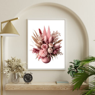 Poster Flores Boho de Grama de Pampas Florais Rosa em Vas