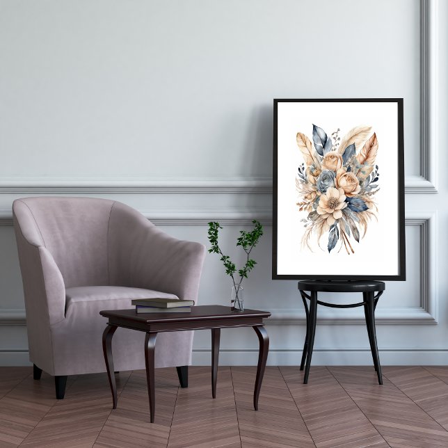 Poster Flores Boho em Azul Beige em Pó Aquarela (Boho Floral Botanical Feathers Wall Art, Watercolor Art print poster, Dusty Blue Beige Neutral Color)