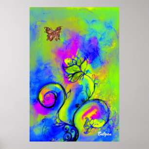 Poster FLORES & BORBOLETAS CAPRICHOSAS azul verde amarelo