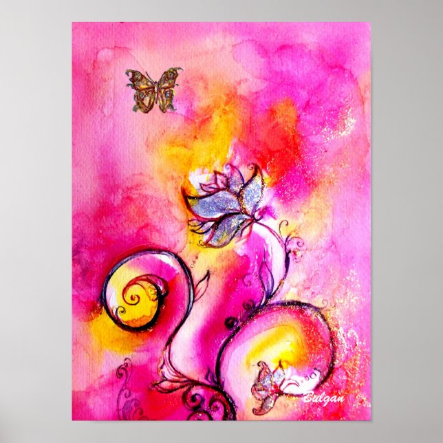 Póster FLÔRES & BORBOLETAS CAPRICHOSAS rosa amarelo azul (Frente)