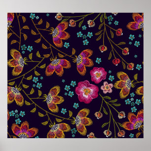 Poster Flores bordadas: padrão sem costura de moda