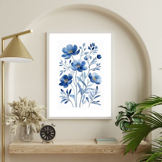 Poster Flores Botânicas Florais em Aquarela Azul Francês  (French Blue Flowers Watercolor Florals Botanicals Wall art Poster Print. Printed or Digital Download)