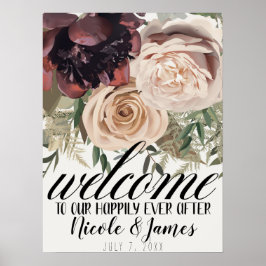 Poster Flores Botânicas Vermelhas Bem-vindo Casamento