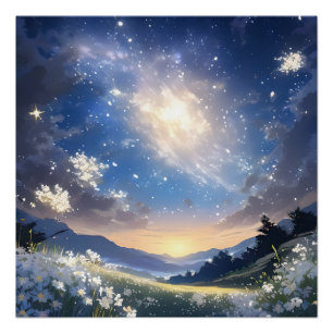Póster Flores brancas cercadas por estrelas