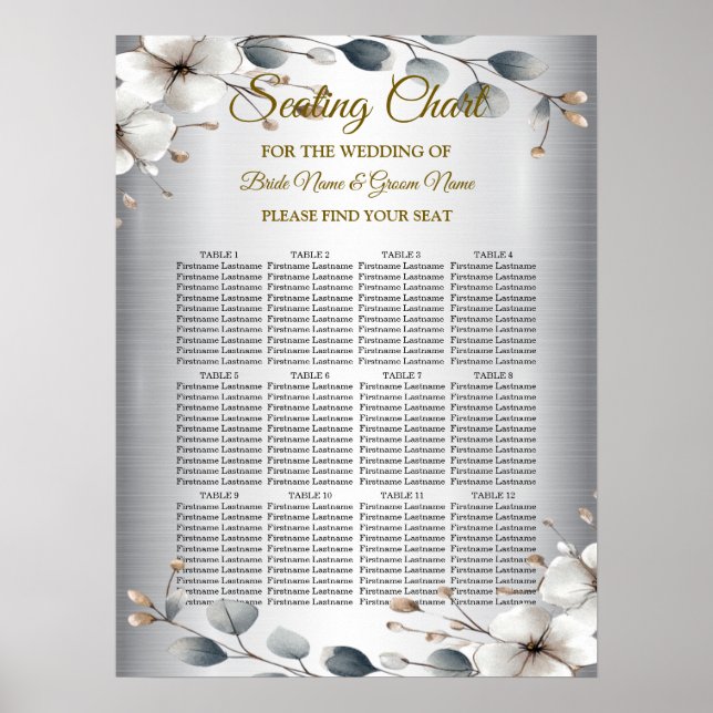 Poster Flores brancas de aquarela Ouro Frame Silver Teal (Frente)