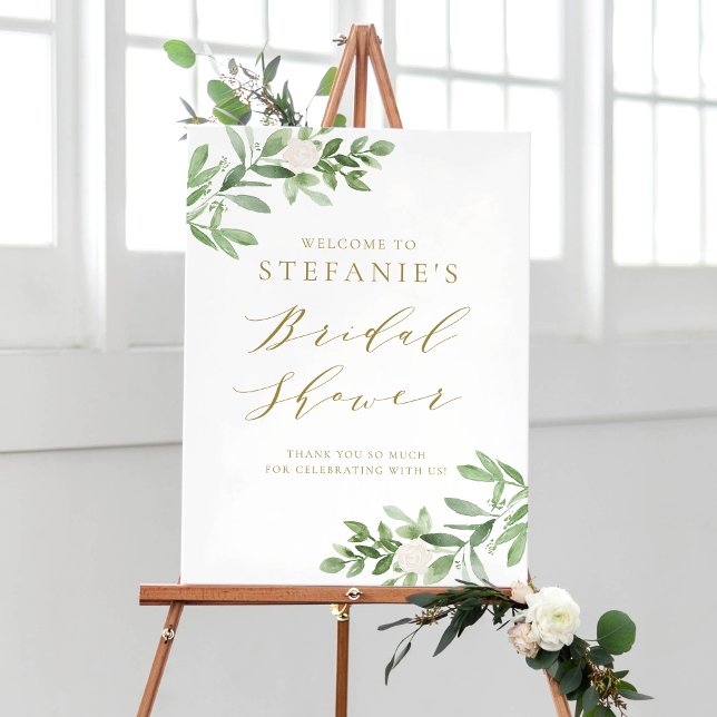 Poster Flores Brancas de Folhagem Dourado Chá de Noiva Be (Criador carregado)