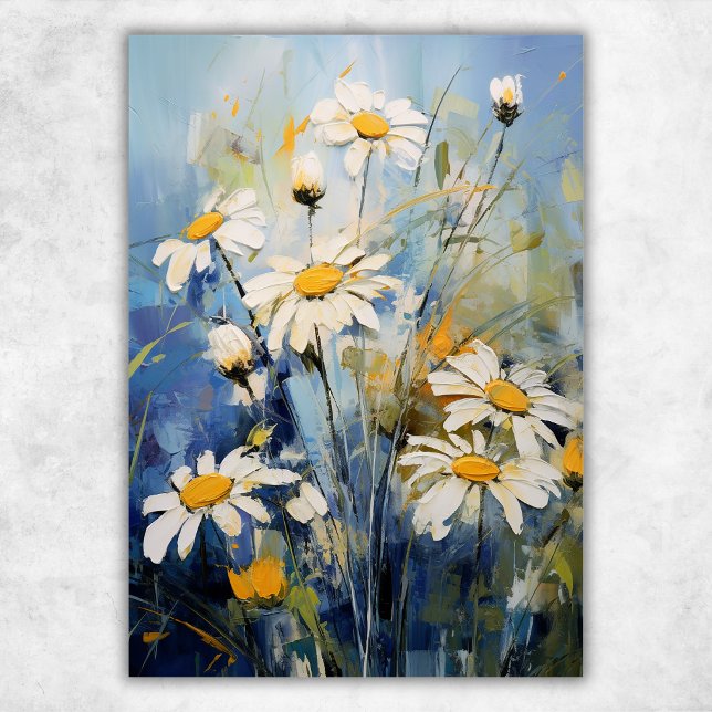 Poster Flores Brancas de Margarida em Azul | Botânica Flo (White Daisy Flowers on Blue  Botanical Floral Poster)