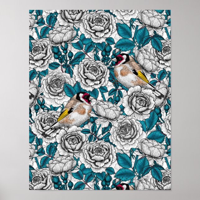 Poster Flores brancas de rosas e pássaros dourados (Frente)