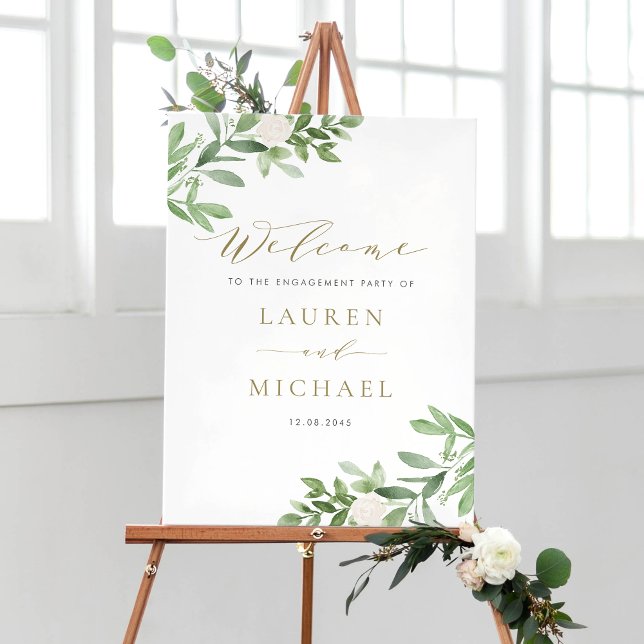 Poster Flores brancas e Festa de noivado verde (Watercolor White Flowers and Greenery Engagement Party Welcome Sign)