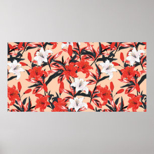 Poster Flores brancas e vermelhas Lily, parte botânica s