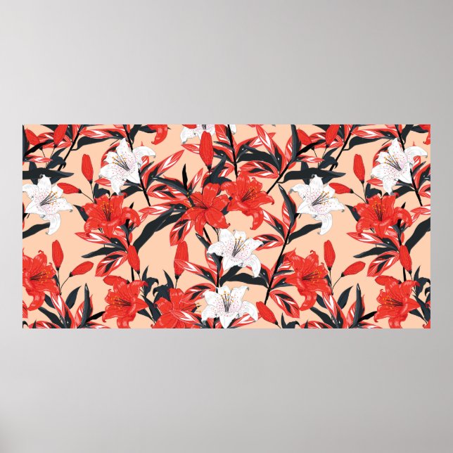 Poster Flores brancas e vermelhas Lily, parte botânica se (Frente)