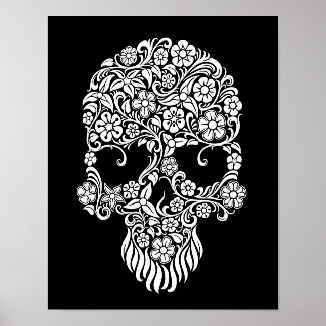 Póster Flores brancas e videiras Design de crânio em pret (Frente)
