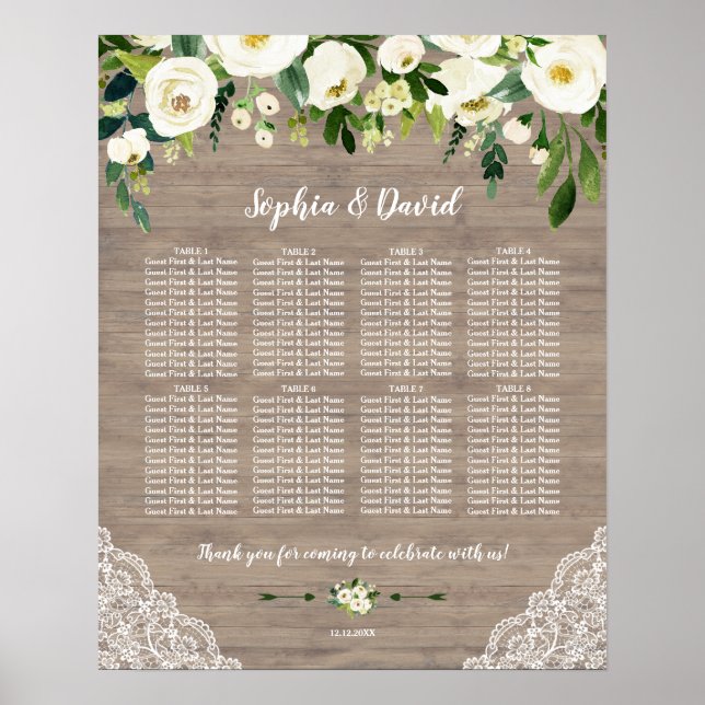 Poster Flores Brancas Lace Wood Casamento Gráfico (Frente)