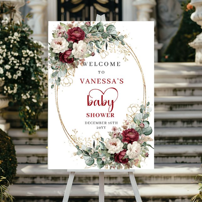 Poster Flores Burgundy Vermelho Intenso Bem-Vindo ao Chá  (Deep Red Burgundy Flowers Baby Shower Welcome)