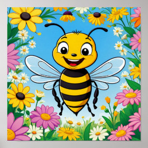 Poster Flores Coloridas De Abelhas De Cartoon