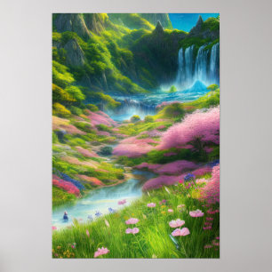 Poster Flores coloridas e cascata em um Vale Verde