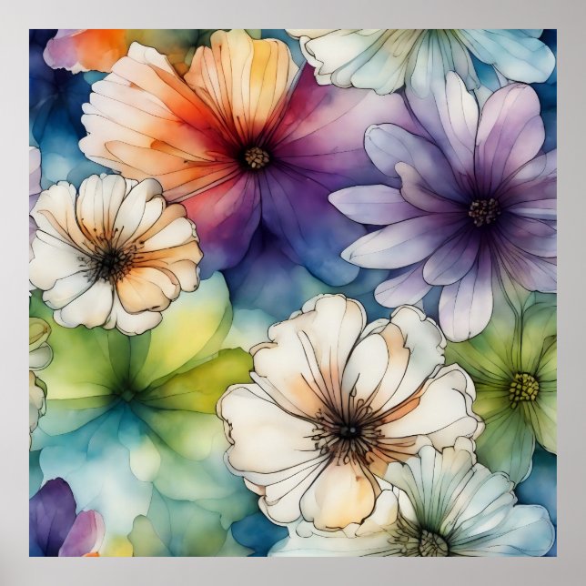 Poster Flores Coloridas Sem Costura em Aquarela (Frente)