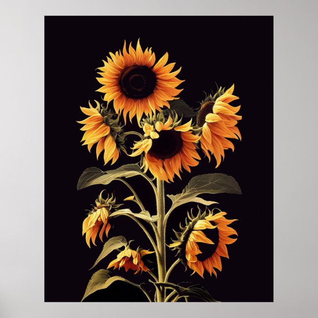POSTER FLORES COM FOLHAS VERDES EM PRETO (Frente)