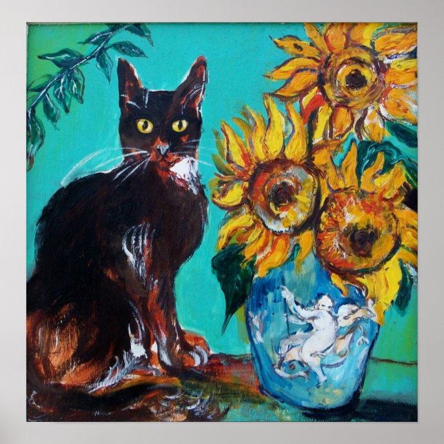 POSTER FLORES COM GATO PRETO EM TURQUOISMO AZUL (Frente)