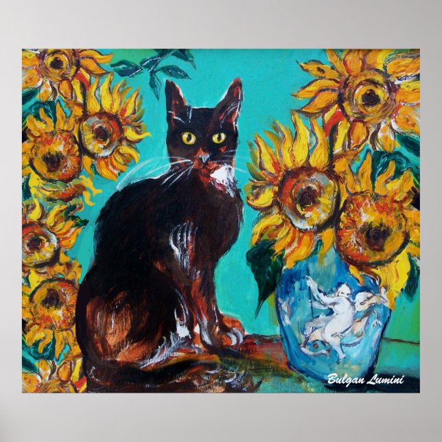 POSTER FLORES COM GATO PRETO EM TURQUOISMO AZUL (Frente)