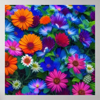Poster Flores Cor-de-laranja Azul e Vermelho
