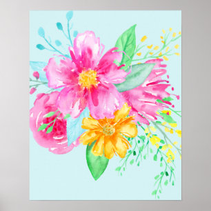Póster Flores cor-de-rosa brilhantes da aguarela