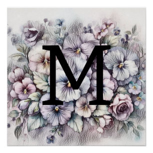 Póster Flores cor-de-rosa com desenho floral monograma
