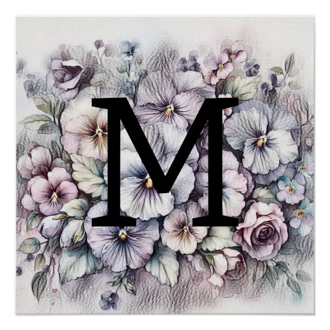 Póster Flores cor-de-rosa com desenho floral monograma (Frente)