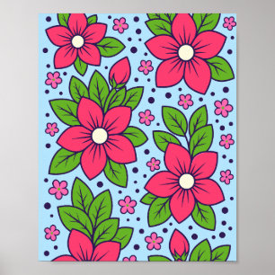 Poster Flores Cor-de-Rosa com Pétalas Ousadas e Folhas Ve