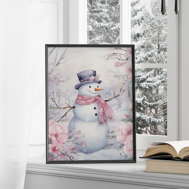 Poster Flores Cor-de-rosa de inverno, bonitas, Snowman (Criador carregado)